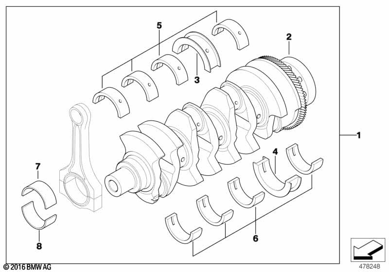 Оборотный коленвал с вкладышами подшипн.